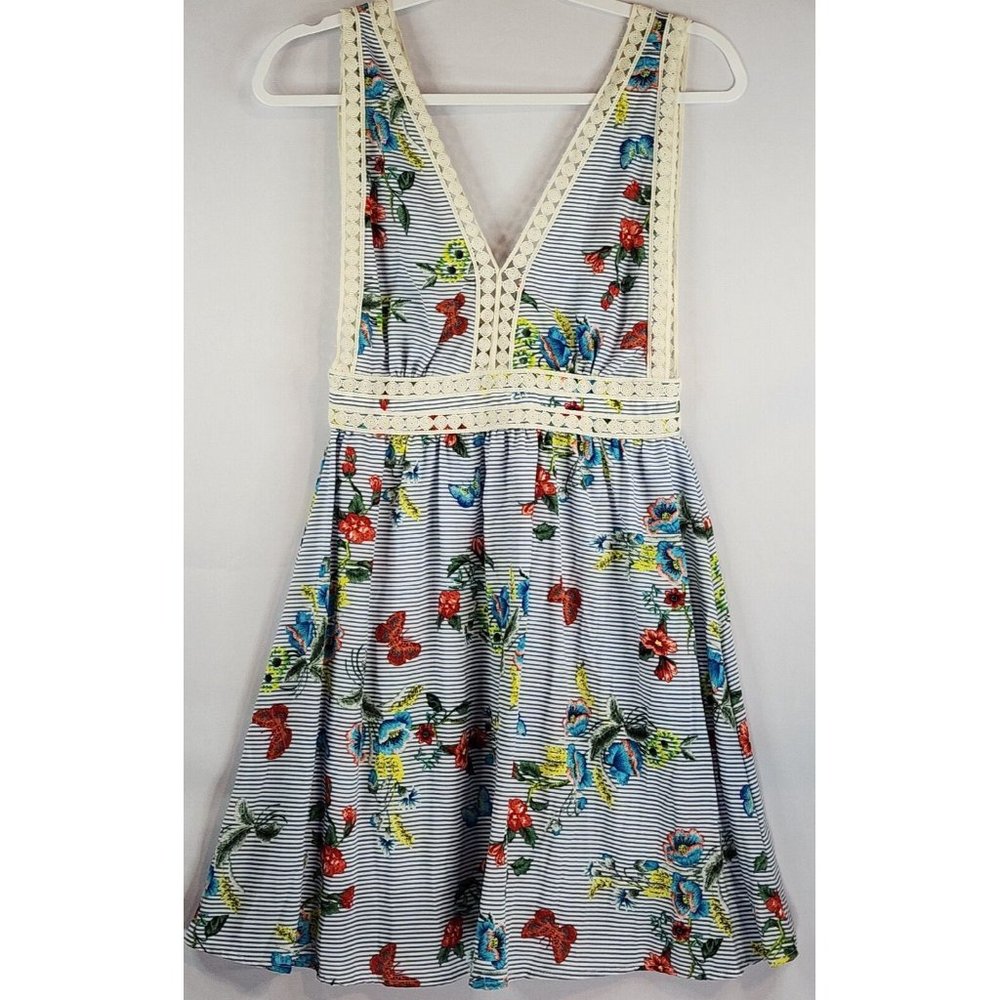 Humming‎ Bird Dress Womens Small Blue Striped Floral Pattern V Neck Crochet Trim